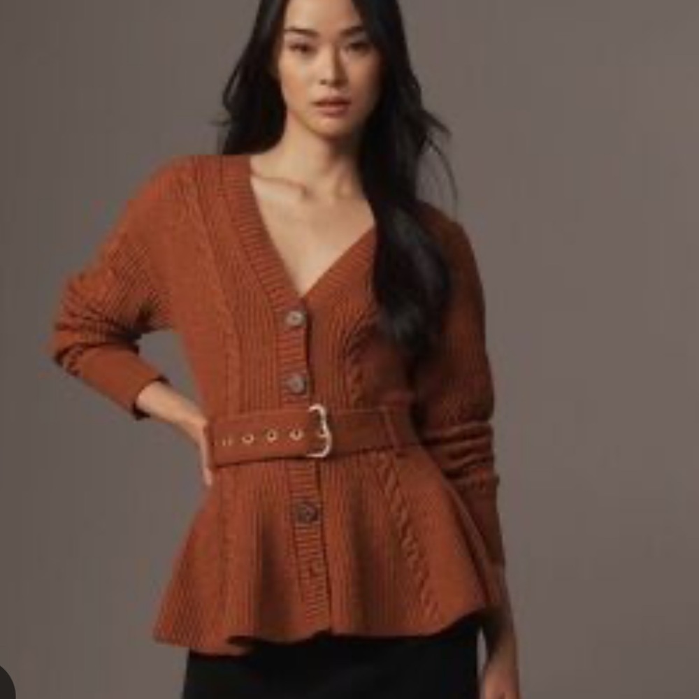 Anthropologie NWT Maeve Belted Cable Cardigan Sweater in copper XL sold out